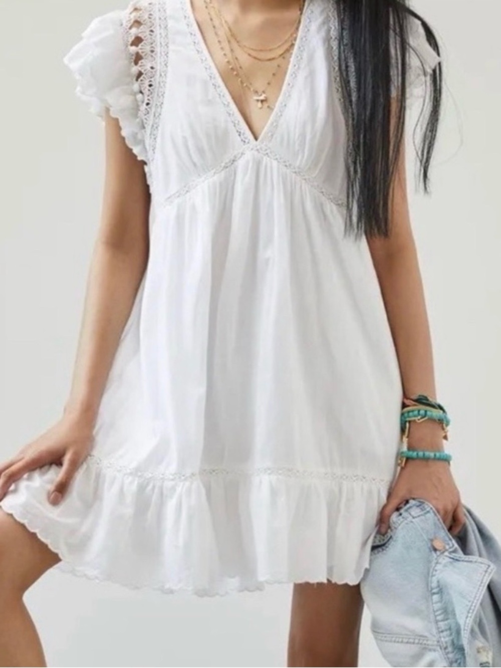 Anthropologie White Crochet-Trim V-Neck Mini Dress